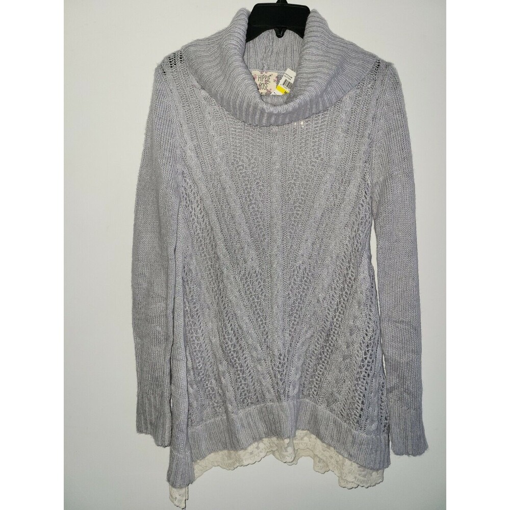 NWT Hippie Rose Women's Sweater Gray Cowl-Neck Loose Knit Lace Hem Juniors M